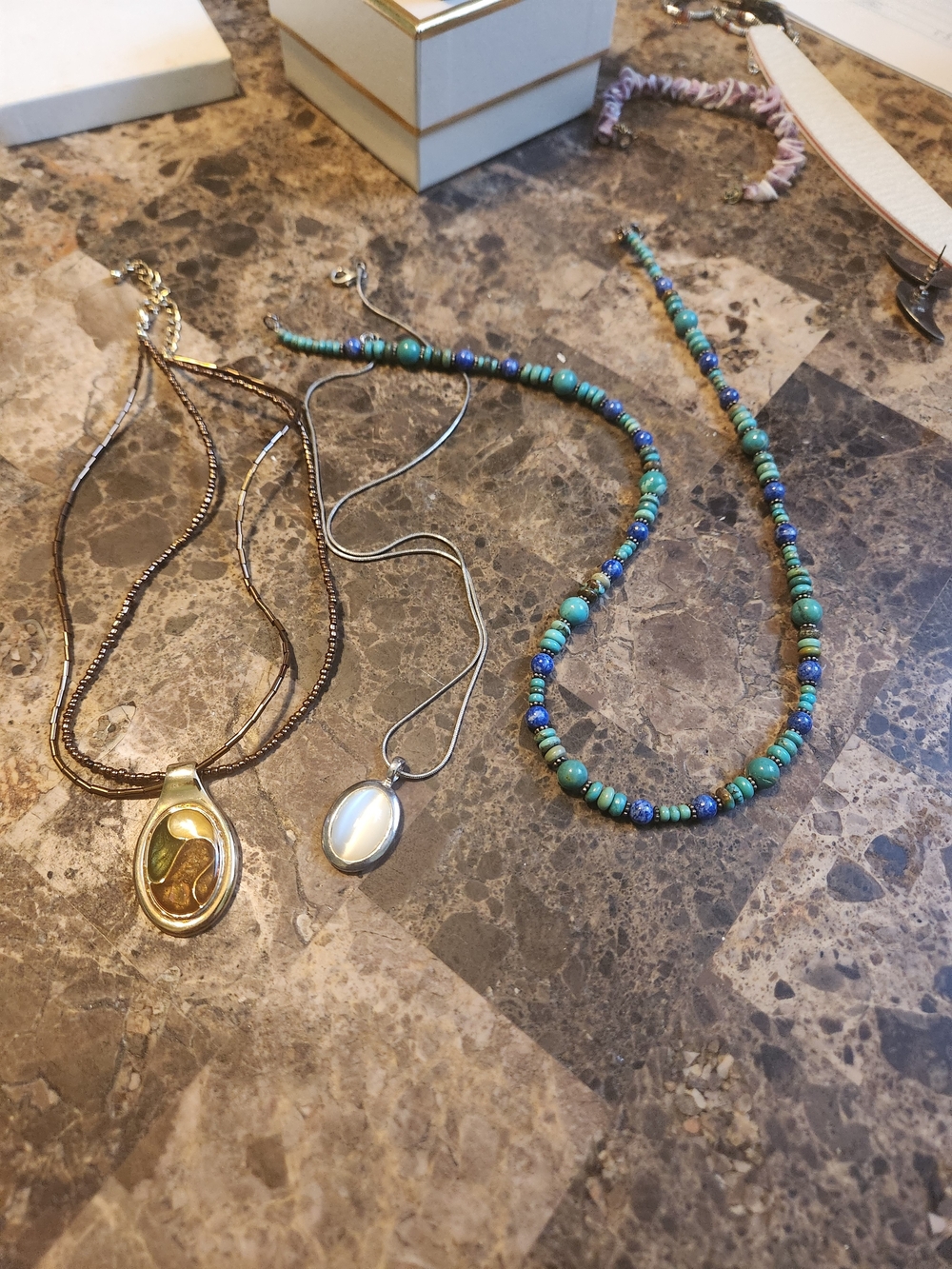 Gold Pendant Multi-Chain Necklace with Turquoise Beaded Necklace - Women Jewelry